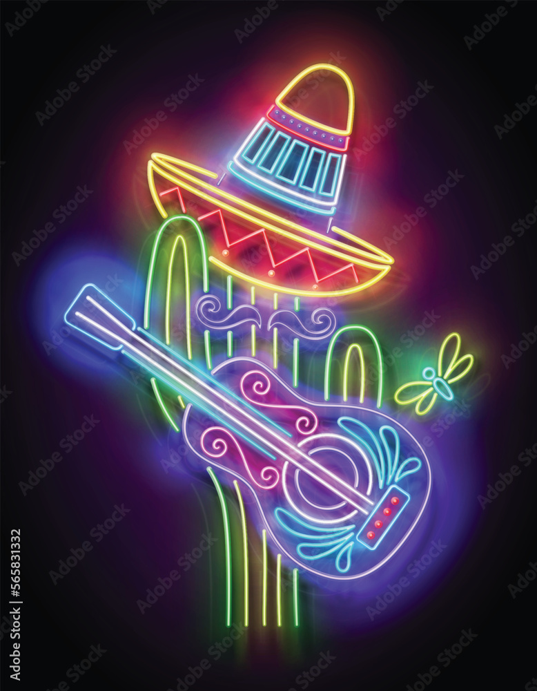 Glow Mexican cactus in sombrero with guitar. Cute singer, mariachi. Shiny Neon Poster, Flyer, Banner, Postcard, Invitation. Glossy Background. Vector 3d Illustration