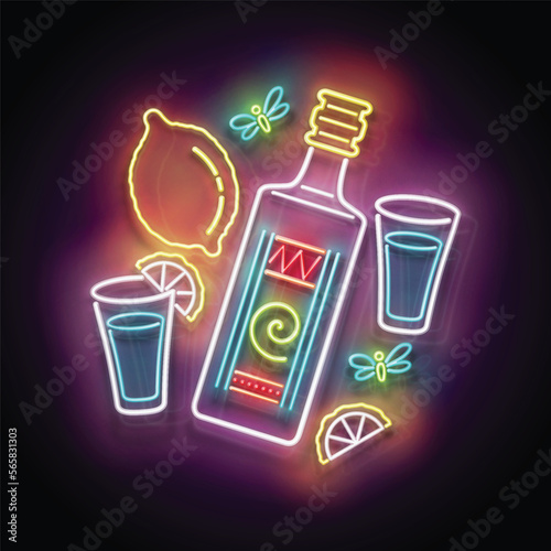 Glow bottle of Mexican tequila, shot, lemon. Traditional ethnic alcoholic drink. Neon Light Poster, Flyer, Banner, Signboard. Glossy Background. Vector 3d Illustration 
