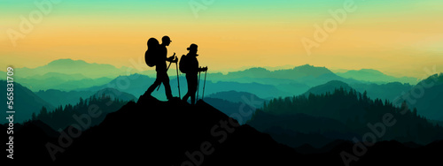 Landscape background banner panorama illustration vector drawing - Breathtaking view with black silhouette of mountains, hills, forest. and two hikers ( woman and man hiking )
