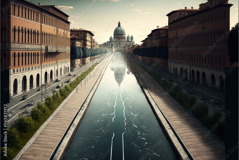 Fototapeta premium City with a bike lane and a river running parallel to it, created with Generative AI technology