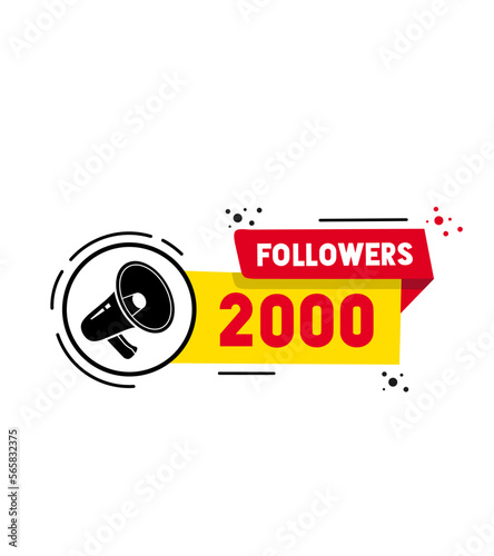 2000 followers design. Banner with megaphone. Blogger celebrates a many large number of subscribers social networks. Flat style vector illustration.