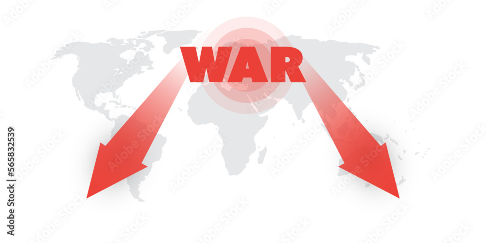 Global Economic Down Fall Due to War, Inflation and Energy Crisis - Design Concept with World Map, Arrows Showing Slowdown Due to the War, a Steep, Sharp Decrease of Profits, Weakening Results Global Economic Down Fall Due to War, Inflation and Energy Crisis - Design Concept with World Map, Arrows Showing Slowdown Due to the War, a Steep, Sharp Decrease of Profits, Weakening Results