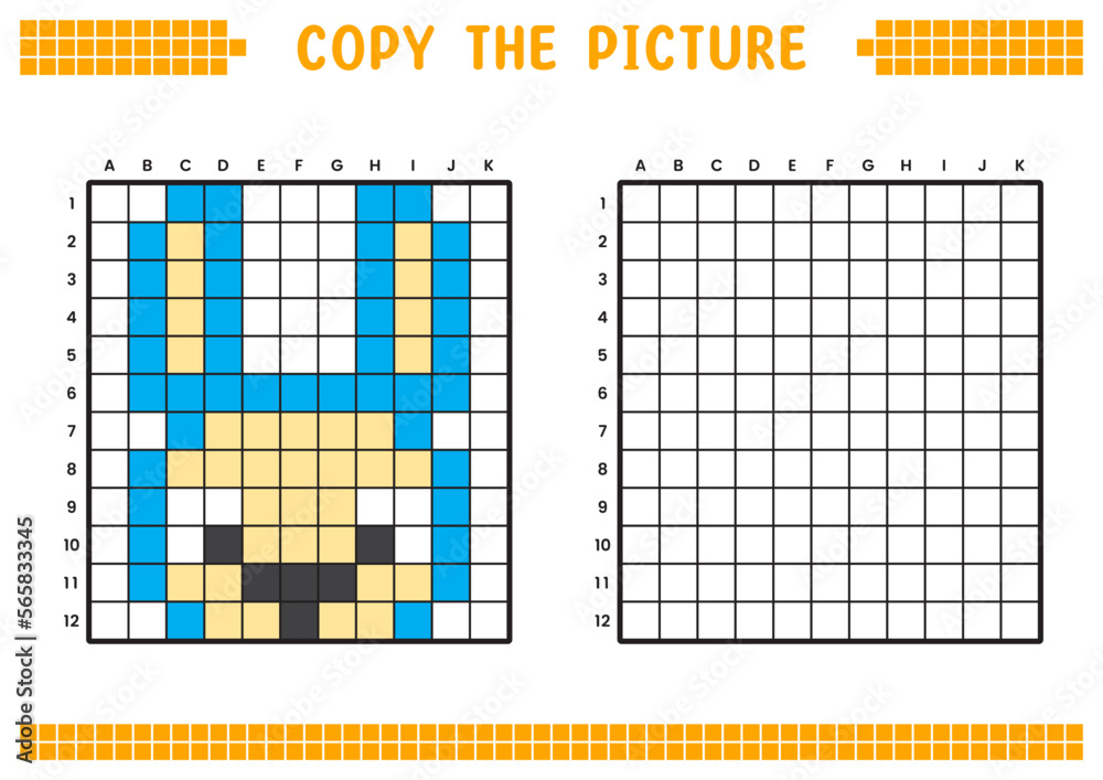 Fototapeta premium Copy the picture, complete the grid image. Educational worksheets drawing with squares, coloring cell areas. Preschool activities, children's games. Cartoon vector illustration, pixel art. Bunny face.