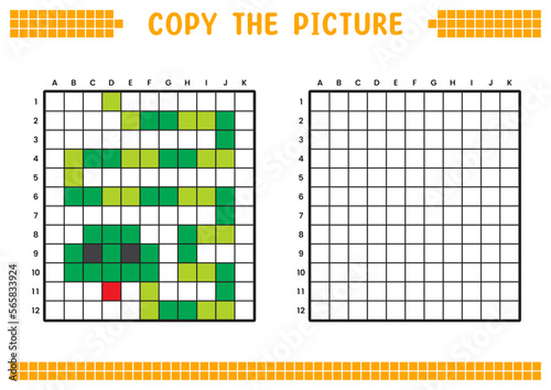 Copy the picture, complete the grid image. Educational worksheets drawing with squares, coloring areas. Preschool activities, children's games. Cartoon vector illustration, pixel art. Green snake.