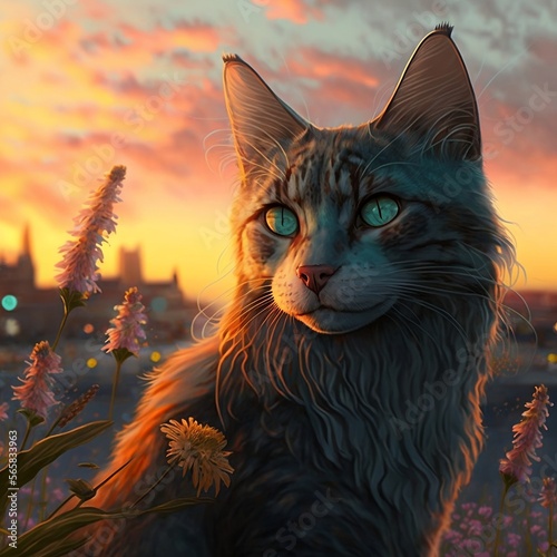 Gatto con occhi verdi e orecchie dritte, sullo sfondo nuvole e tramonto  photo