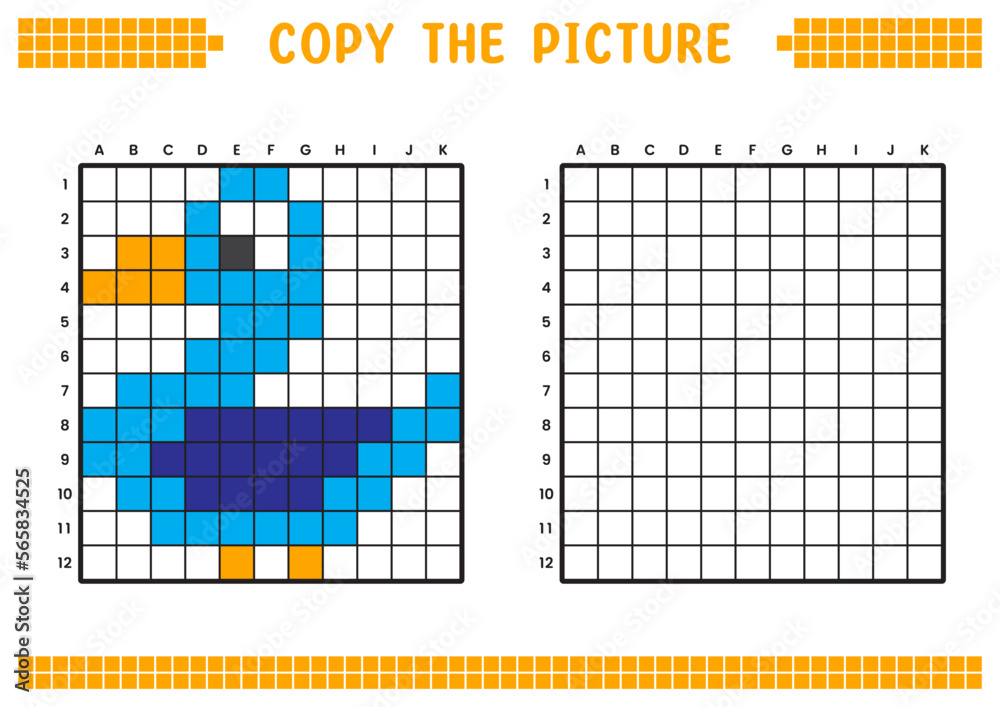 Fototapeta premium Copy the picture, complete the grid image. Educational worksheets drawing with squares, coloring cell areas. Preschool activities, children's games. Cartoon vector illustration, pixel art. Blue duck.