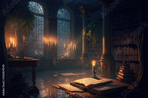 Books of old and candles in library in front of stain glass gothic windows. Fantasy magical scene. Generative ai.