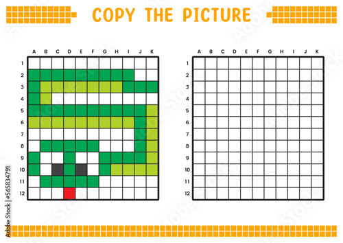 Copy the picture, complete the grid image. Educational worksheets drawing with squares, coloring areas. Preschool activities, children's games. Cartoon vector illustration, pixel art. Green anaconda.