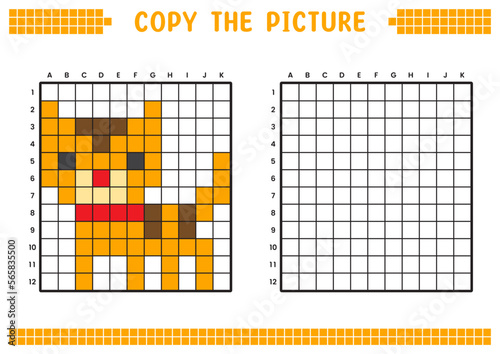 Copy the picture, complete the grid image. Educational worksheets drawing with squares, coloring cell areas. Preschool activities, children's games. Cartoon vector illustration, pixel art. Orange cat.
