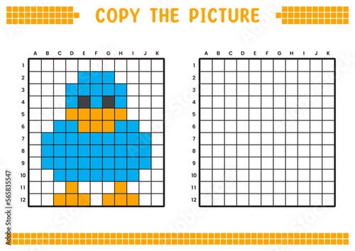 Copy the picture, complete the grid image. Educational worksheets drawing with squares, coloring cell areas. Preschool activities, children's games. Cartoon vector illustration, pixel art. Blue duck.