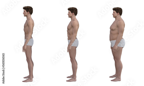 3D Render : the diversity of male body shape including  ectomorph (skinny type), mesomorph (muscular type), endomorph(heavy weight type), PNG transparent, side view