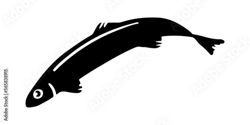 Silhouette of a fish jumping out of the water. Seafood for culinary tmenu. Small fish for industrial canning. Anchovy in flat cartoon graphic style. Element for the design of labels, menus.