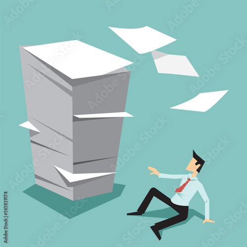 Busy business man with pile of papers. Concept of many work or workload