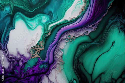 Alcohol and ink colors. Violet, green and turquoise. Abstract background. Generative ai.