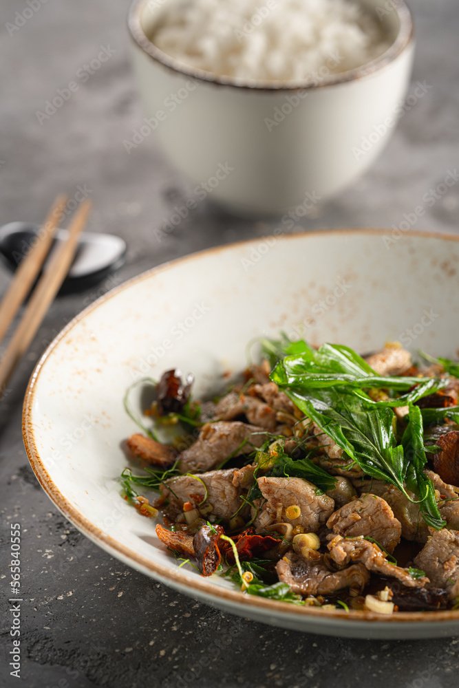 Thai style pork tenderloins with roasted garlic and kaffir leaves Thai style pork tenderloins with roasted garlic and kaffir leaves