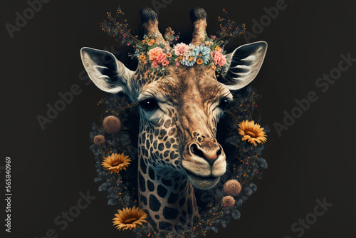 Giraffe logo. Giraffe symbol. Vector illustration. Logo, symbol, icon. sign, mascot. Giraffe with flower crown. Beautiful giraffe. Isolated background. Generative AI