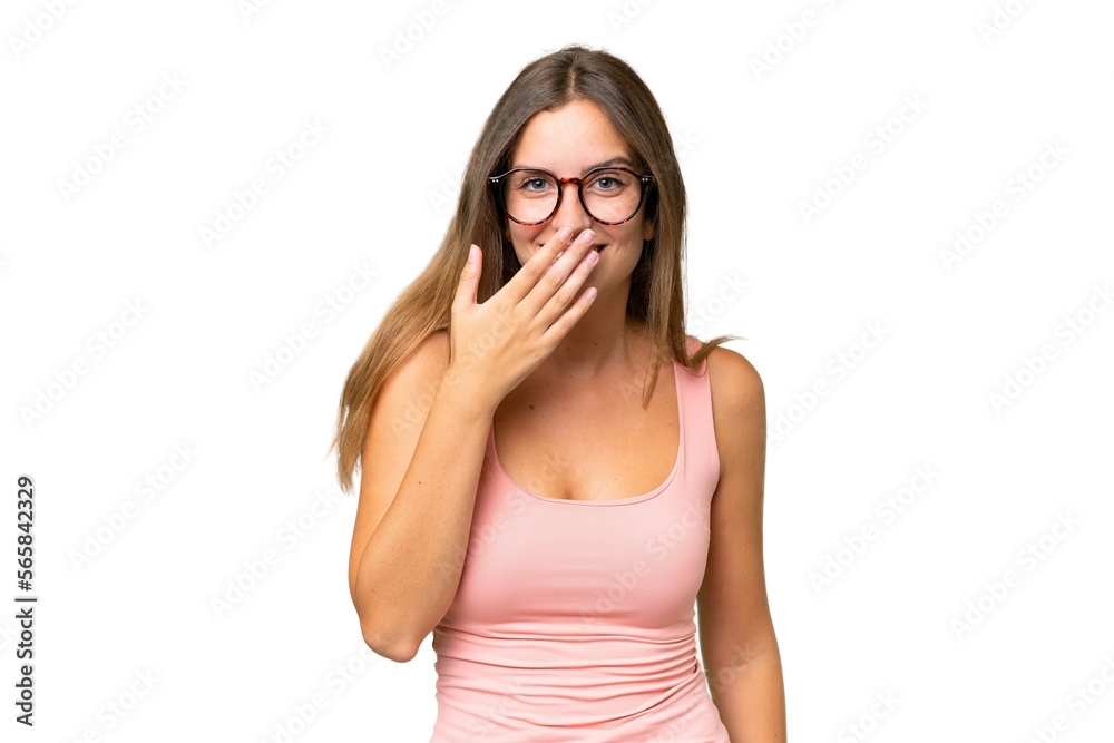 Young pretty woman over isolated background happy and smiling covering mouth with hand Young pretty woman over isolated background happy and smiling covering mouth with hand