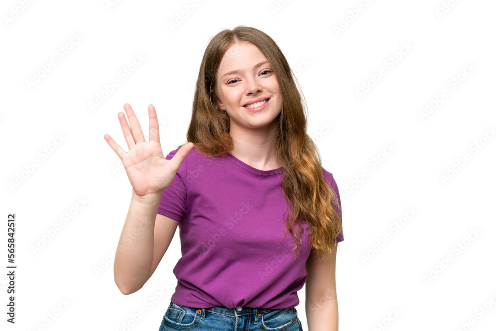 Young pretty woman over isolated background counting five with fingers Young pretty woman over isolated background counting five with fingers