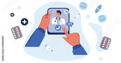 Online medical consultation. Man makes a video call to a doctor for medical advice. Virtual medical consultation and support. Telemedicine concept. eHealth or remote appointment. Vector illustration. 