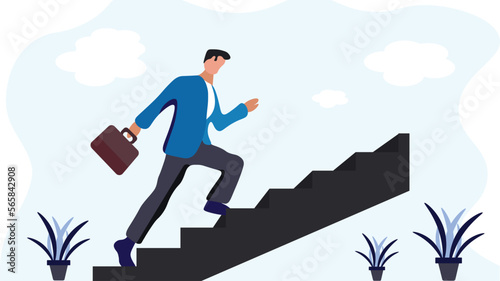 Ladder of success. Success in business, career opportunity or business growth to reach target concept, successful businessman step up on stairs.  Goal and achievement concept. Flat vector Illustration