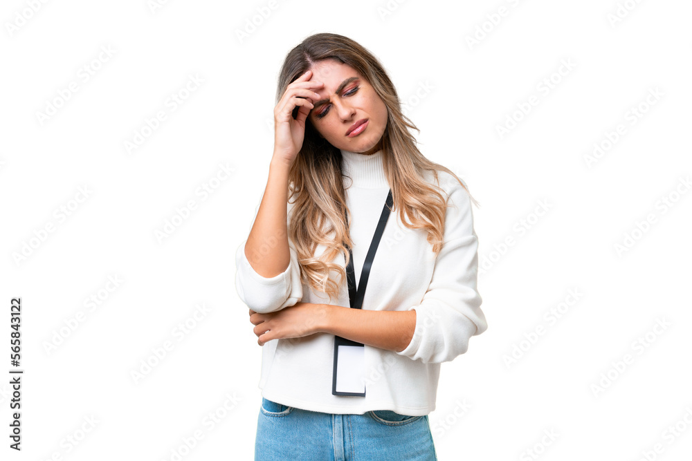 Young Uruguayan woman with ID card over isolated background with headache Young Uruguayan woman with ID card over isolated background with headache