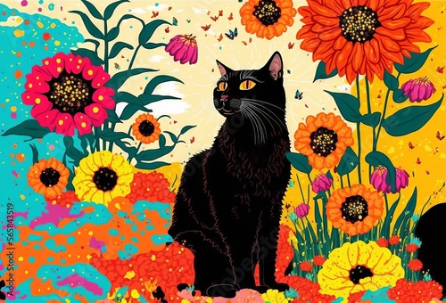 black cat in colorful flowers garden
