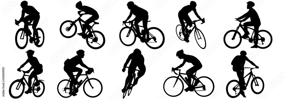 cyclist vector icon.  collection of silhouettes of people cycling in different positions.  bike, cycle, cyclist, ride, vector, bicycle, man, icon, people, illustration, woman, girl, boy, mountain - obrazy, fototapety, plakaty 