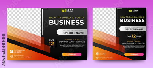Business Steps Conference live webinar banner invitation and social media post template. Abstract Black background cover. Business webinar invitation design.