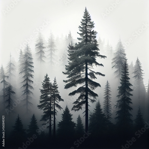 Foggy fir forest   created with Generative AI technology.