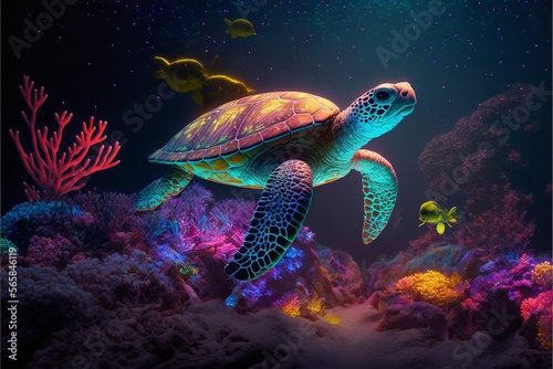 Colorful illustration of a sea turtle swimming over coral reefs. Generative AI.