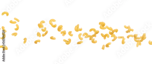 Obraz  z motywem Macaroni fall down in group, yellow macaronis pasta float explode, abstract cloud fly. Curved macaroni pasta splash throwing in Air. White background Isolated high speed shutter, freeze motion