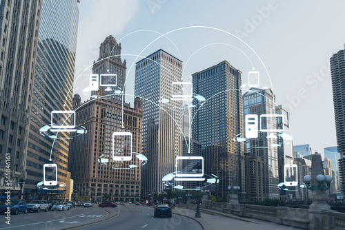 Panorama cityscape of Chicago downtown and Riverwalk, boardwalk with bridges at day time, Illinois, USA. Social media hologram. Concept of networking and establishing new people connections