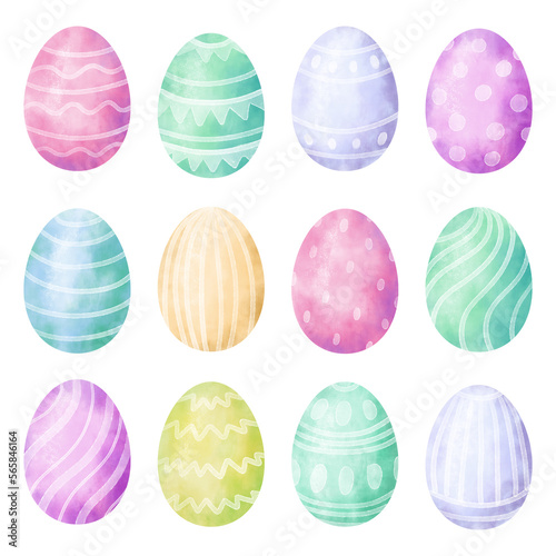 Watercolor set of colorful Easter eggs with ornament. Happy Easter art isolated on white background. Collection of hand-drawn pastel Easter eggs.