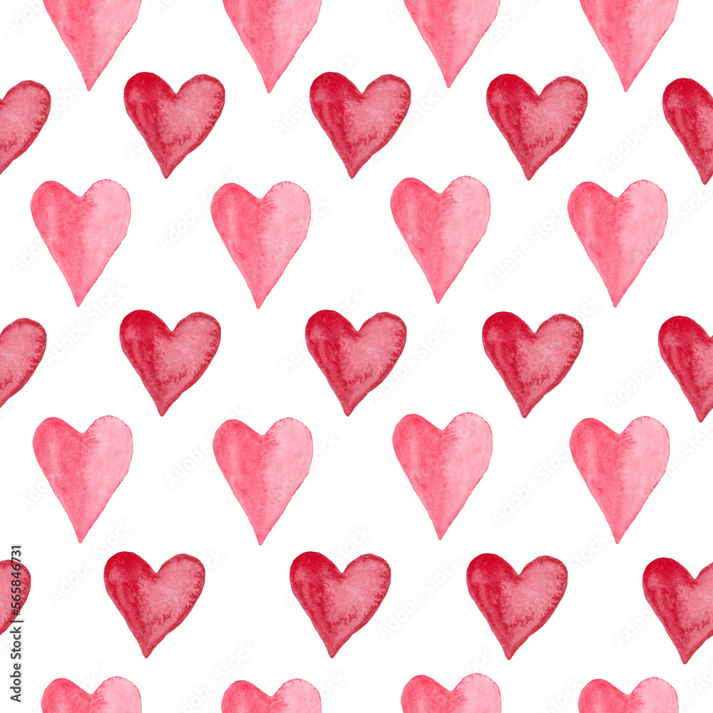 Watercolor seamless pattern with abstract red hearts. Hand drawn illustration isolated on white background. 