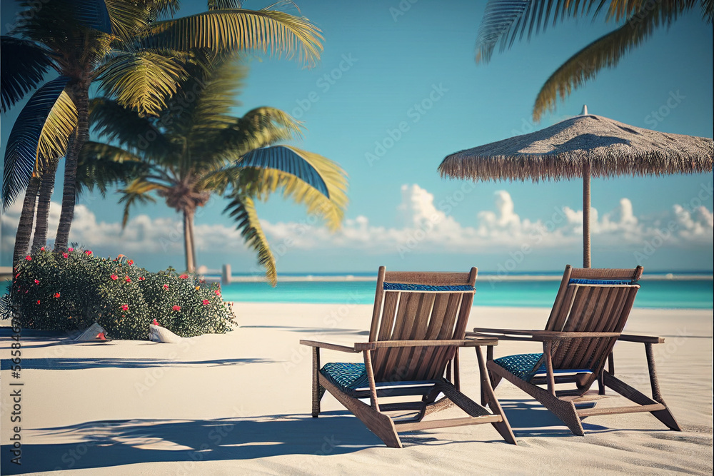 Sun loungers on a picturesque tropical beach. AI generated.