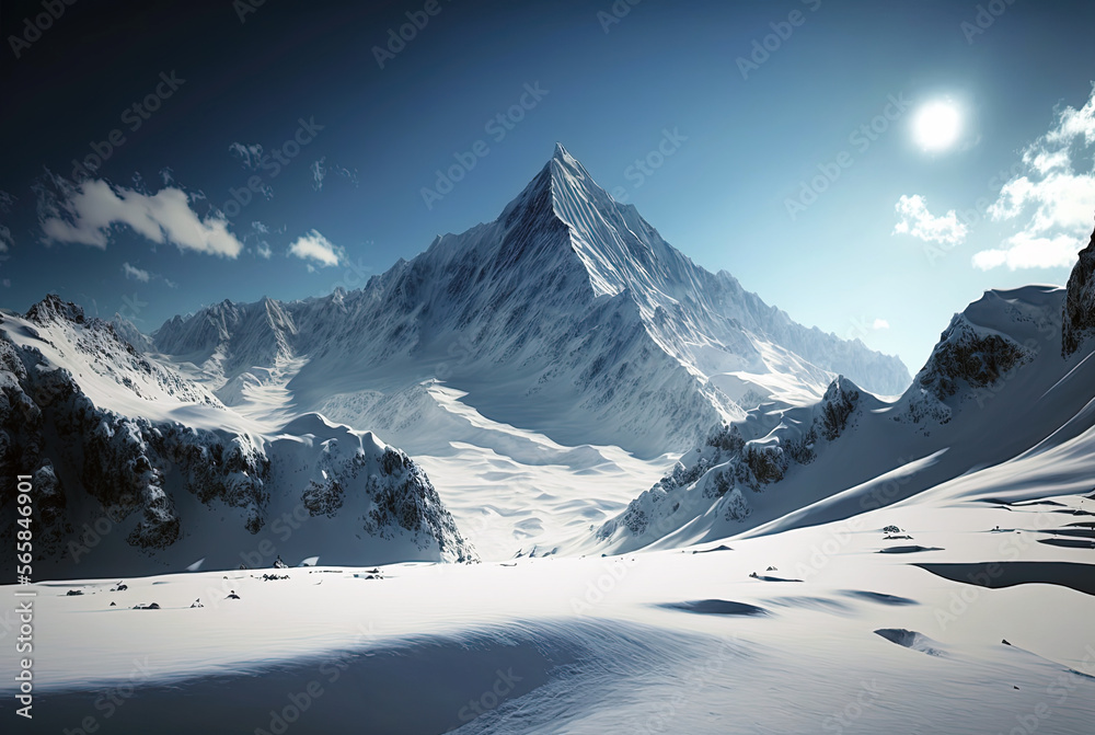 Winter landscape of high mountains covered with fog and clouds, noon, sky and sun, background of snow-capped rock peaks, traveler postcard 2023, generative art