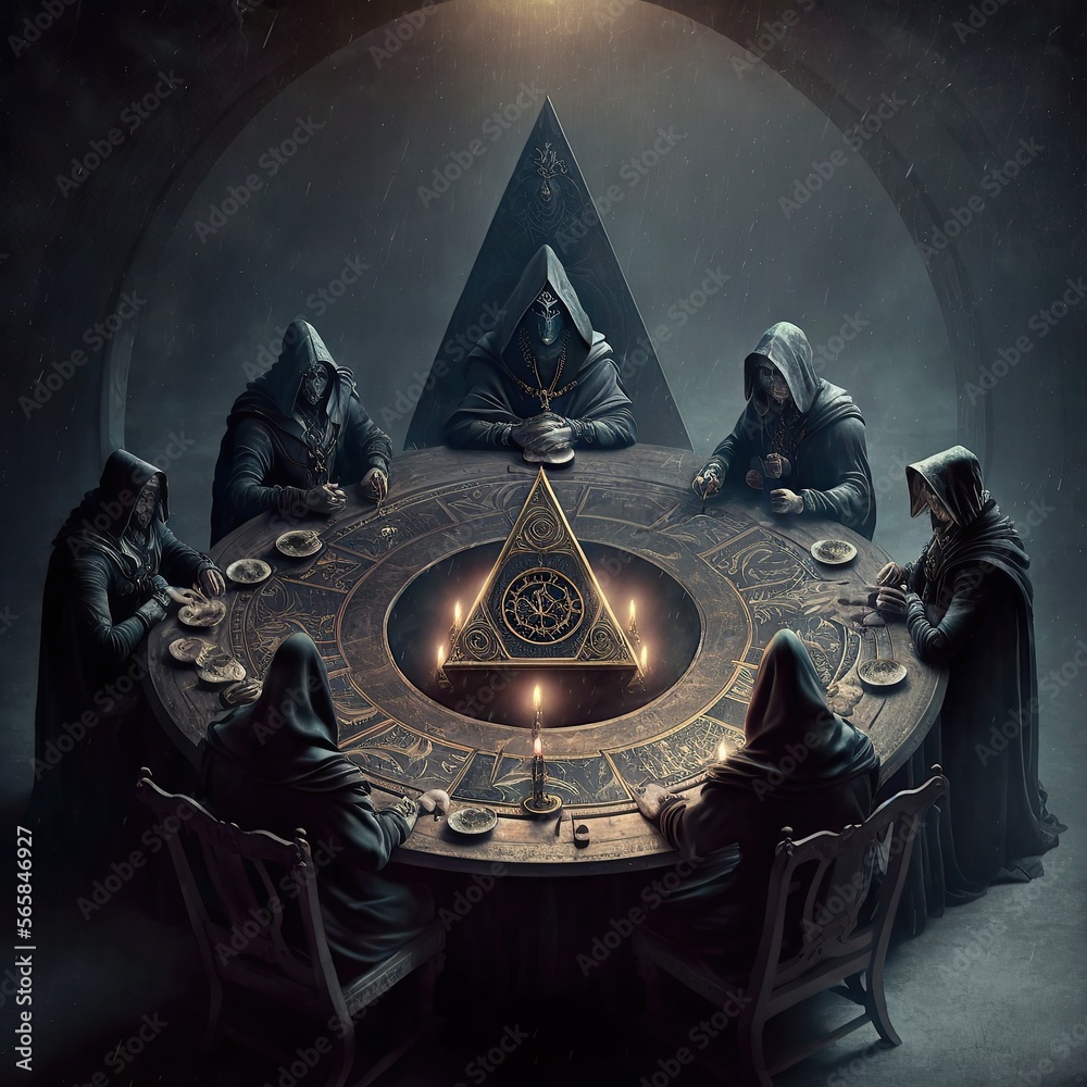 Illuminati, Secret Society on a round table making moves for the world,  black cloaks, Dungeon,- Generative AI Stock Illustration