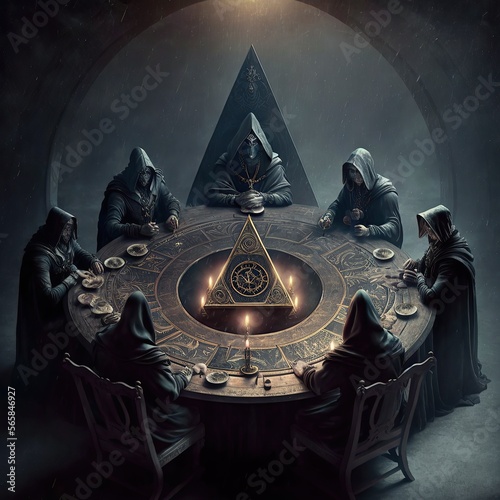 Illuminati, Secret Society on a round table making moves for the world, black cloaks, Dungeon,-  Generative AI photo
