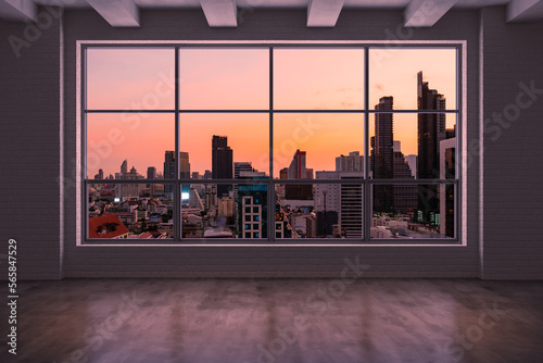 Empty room Interior Skyscrapers View Bangkok. Downtown City Skyline Buildings from High Rise Window. Beautiful Expensive Real Estate overlooking. Sunset. 3d rendering.