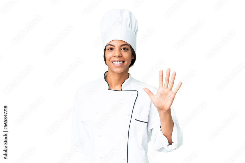 Young African American chef over isolated chroma key background counting five with fingers Young African American chef over isolated chroma key background counting five with fingers