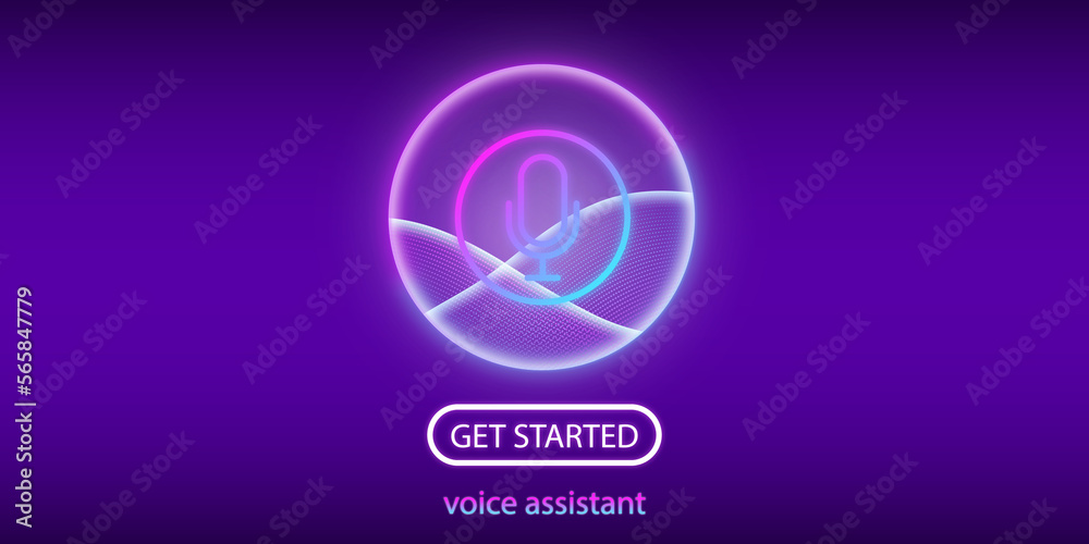 Personal assistant and voice recognition concept. Illustration of sound intelligent technologies. Microphone with bright voice and sound imitation lines. Voice control, voice and sound recognition. Personal assistant and voice recognition concept. Illustration of sound intelligent technologies. Microphone with bright voice and sound imitation lines. Voice control, voice and sound recognition.