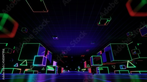 3d abstract neon background, geometric background with polygonal structure, cyber space virtual reality, colored neon lights, sci-fi style