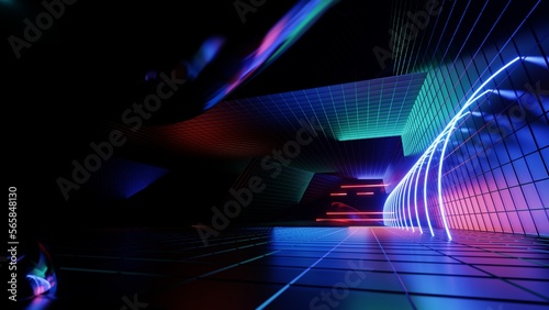 3d abstract neon background, geometric background with polygonal structure, cyber space virtual reality, colored neon lights, sci-fi style