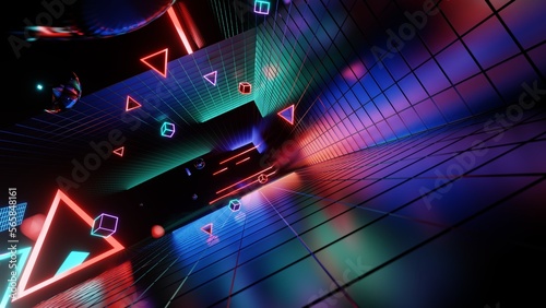 3d abstract neon background, geometric background with polygonal structure, cyber space virtual reality, colored neon lights, sci-fi style