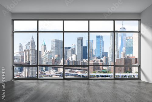 Downtown New York City Lower Manhattan Skyline Buildings. High Floor Window. Expensive Real Estate. Empty room Interior Skyscrapers View Cityscape. Financial district. Brooklyn Bridge. 3d rendering. © VideoFlow