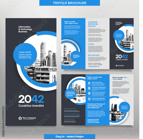 Business Brochure Template in Tri Fold Layout. Corporate Design Leaflet with replacable image.