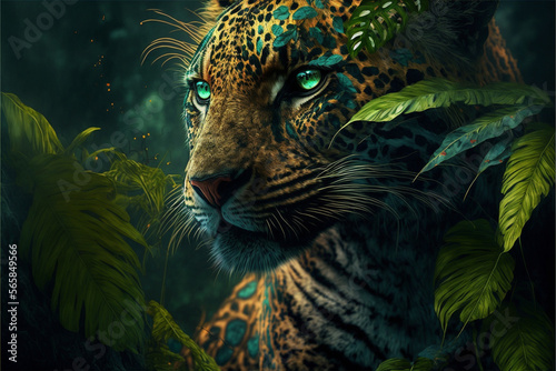 Leopard in the rainforest, jungle animal illustration, closeup
