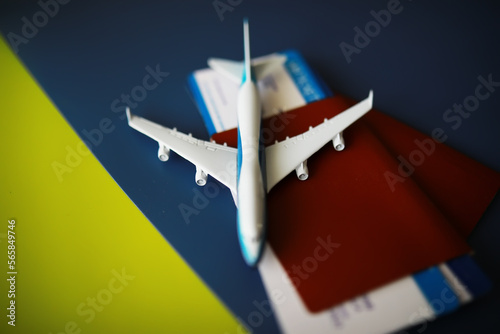 Airplane travel. Boarding pass airplane, passport and plane.