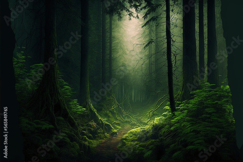 Path in a dark misty forest  beautiful landscape illustration