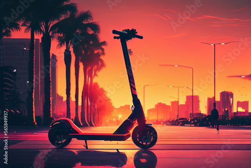 E-Scooter im Sonnenuntergang in einer Stadt - Generative Ai  photo